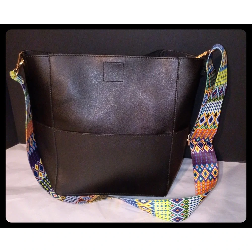MERSI Bucket Bag Womens Large Black Geometric Strap Boho Alicia Vegan Leather
